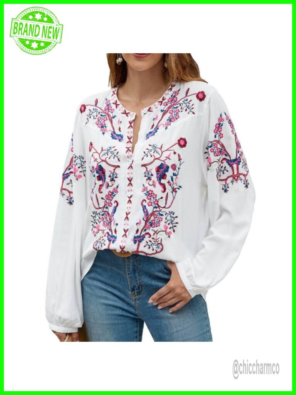 Womens Embroidered Peasant Tunic Top Long Sleeve Cotton Rayon Fall Blouse